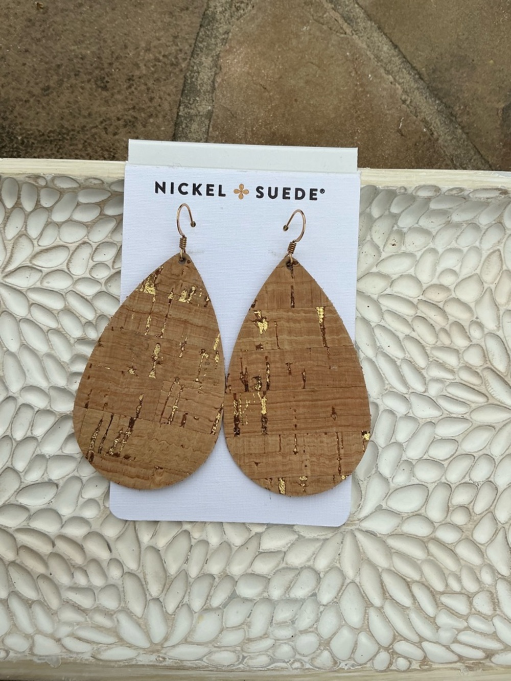 Nickel & Suede Gold Fleck Cork Medium Teardrop Earrings